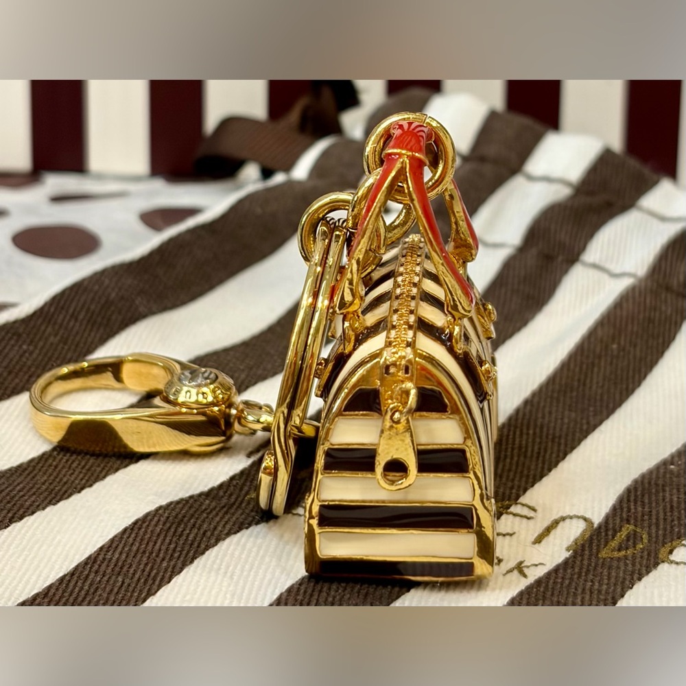NWOT HENRI BENDEL Gold & Brown Stripe Mini Bag Keychain with Red Handle - Picture 12 of 14